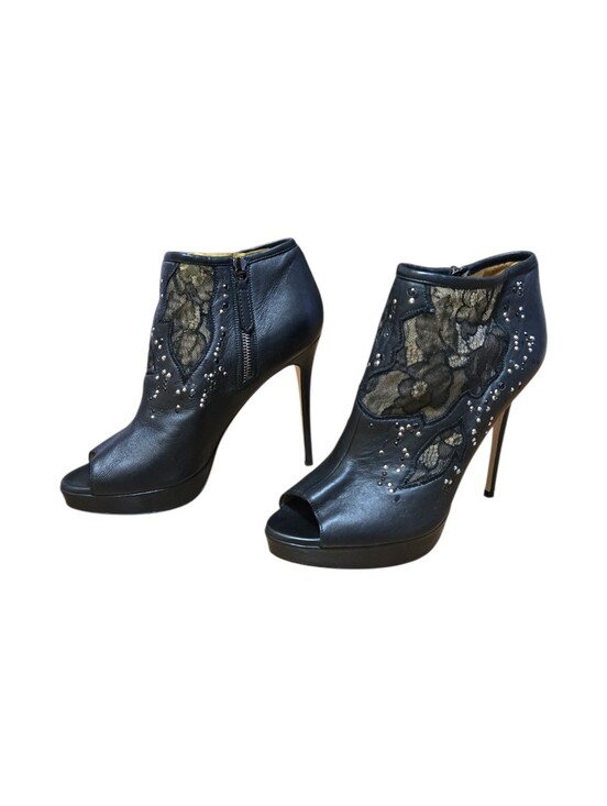 Valentino Garavani Shoes - Valentino Garavani Black Leather Crystal Lace Peep Toe Heeled Booties IT 39 US 9